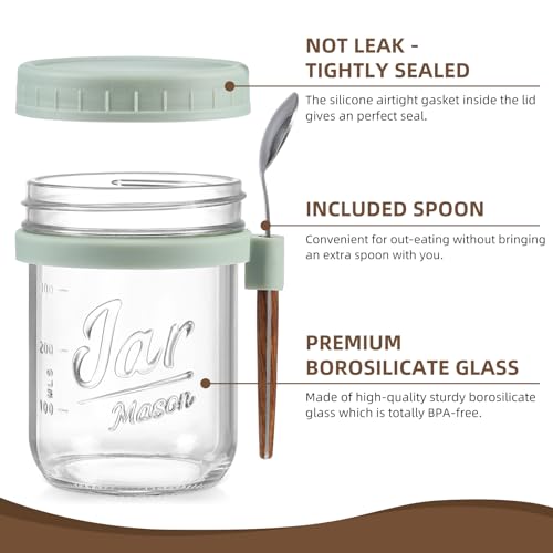 Image of LANDNEOO 4 Pack Overnight Oats Containers with Lids and Spoons, 16 oz Glass Mason Jars with Airtight Lids, Overnight Oats Jars for Milk, Cereal, Fruit-Green