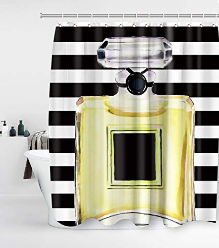 Perfume Black and White Striped Shower Curtain with 12 Hooks Inside A Large