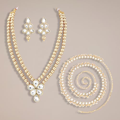 Image of Peora Crystal Faux Pearl Kundan Necklace & Jewellery Set Gift for Women