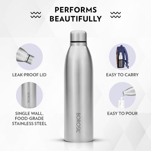 Image of Borosil 950 ml Hydra 3pc Set of Juno Stainless Steel Water Bottle | ISI Certified, Made in India Bottle | Single Wall, Leakproof, BPA Free| Bottle for Office, School, College & Gym | 1 Year Warranty
