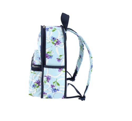 Lesportsac Ribbons Of Hope Basic Backpack/Rucksack, Style 7812/Color G823, Artful Indigo & Violet Iris Flowers, Elegant White Ribbons, Dreamy Aqua Blue Bag, Cancer Awareness #TOP2