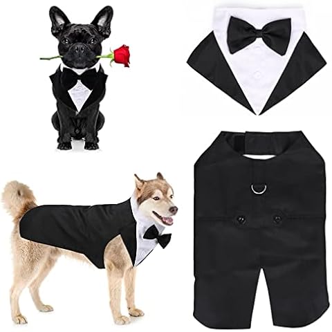 Dog Tuxedo Formal Suit Clothes Bandana Set, Pet Prince Wedding Attire Party Shirt Bow Tie Outfit Wedding Tux for Large Medium Dogs Golden Retriever Costumes Gentleman Apparel Clothe (Black, XX-Large) Cover