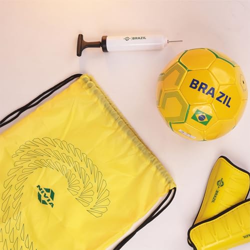 Image of Nivia Football Combo Pack of 4, 1 PVC Football, 1 Pair Shin Guard, 1 Ball Pump, 1 Carry Bag, for Kids & Adults, Size-3 (Brazil)