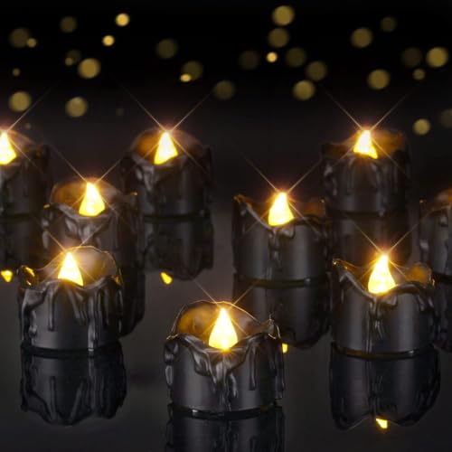Image of Homemory Black Dripping Flameless LED Tea Lights, 1.58 inch x 1.2 inch Battery Operated Flickering Fake Candles, 200+ Hours Electric Votive Tealights for Wedding, Halloween, Christmas Centerpieces, 12 Pack