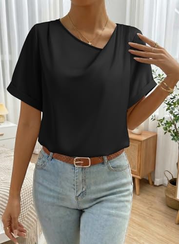 Dokotoo Going Out Tops for Women Summer Short Sleeve Business Casual Dressy Shirts 2026 Asymmetrical Neck Spring Work Office Outfits Fashion Trendy Ladies Womens Clothes Black — view 2