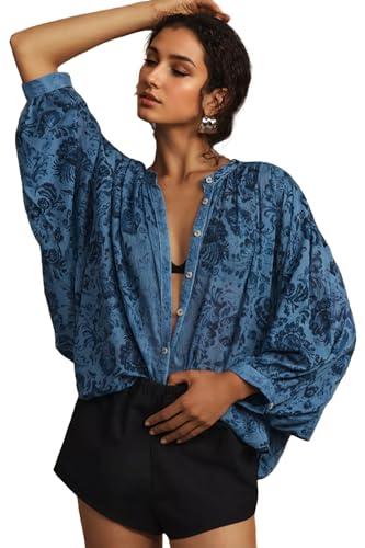 D-Sun Women Printed Shirts Button Down Blouses Long Sleeve Crewneck Lantern Batwing Casual Chiffon Dressy Loose Tops