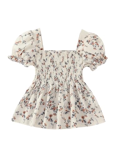 WDIRARA Girl's Floral Print Square Neck Puff Short Sleeve Ruffle Hem Blouse Boho Shirred Peplum Top