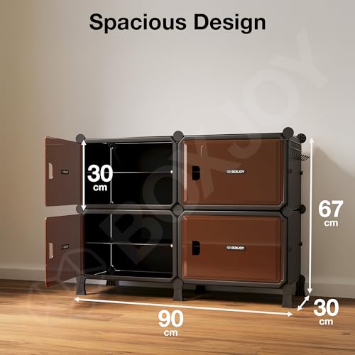 Image of BOXJOY 8 Shelf Horizontal Shoe Rack with 4 Doors, Magnet & 5 Hook Steel Holder for Home Storage Box Organizer, Hard PET Plastic with Metal Door Frame, Shoe Chappal Slipper Stand(Black, Brown Door)