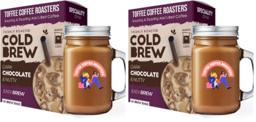 Image of Toffee Coffee Roasters | Cold Brew Dark Chocolate and Nutty Roasted Coffee Bags | Free Mason Jar, Easy Brew | Pack of 6 | 100% Arabica Ground | Makes 12 Cups