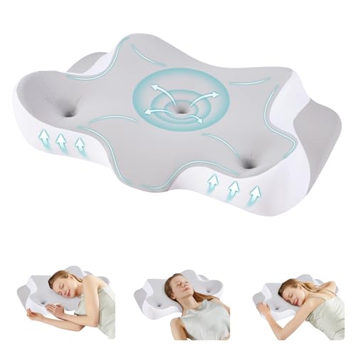 DUMOS Cervical Neck Pillow for Sleeping, Cooling Ergonomic Memory Foam Pillow with Arm Rest Slot and Ice Silk Pillowcase, Dual Height Orthopedic Support Contour for Side, Back, Stomach Sleepers