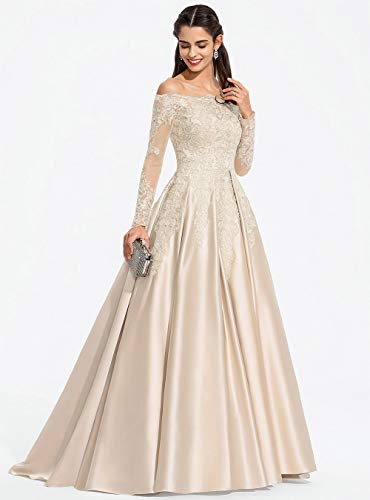 Miao Duo Damen Schulterfreies Satin-Abschlussballkleid mit Spitzenapplikationen und langen Ärmeln, formelle Partykleider MDPM3234 – Bild 5