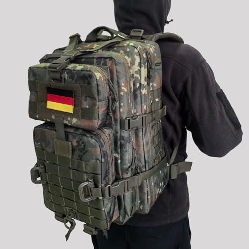 Image of Hannibal Tactical MOLLE Assault Backpack, Tactical Backpack Military Army Camping Rucksack, 3-Day Pack Trip w /USA Flag Patch, D-Rings, Flecktarn