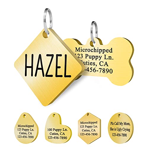 Ultra Joys Personalized Dog Tags - Engraved Front and Back - Stainless Steel, Diamond Tag in Gold, Large