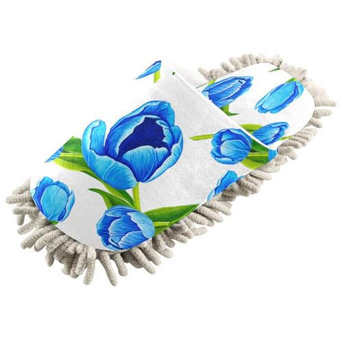 Kigai Blue Tulips Mop Slippers for Floor Cleaning, Slippers for Women Men, Microfiber Floor Cleaning, L