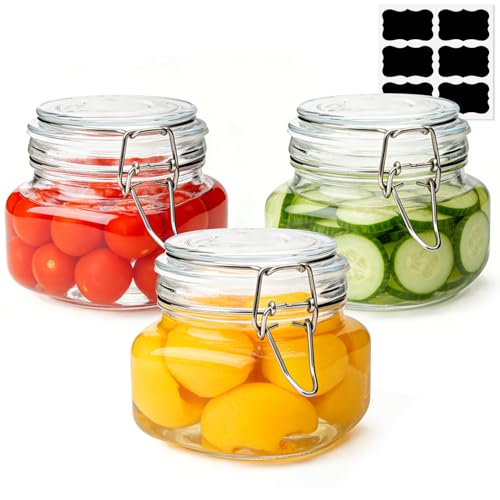 ComSaf Airtight Glass Storage Jars with Clip Top Lids - Set of 3, 500ml Mason Jars for Tea, Coffee, Sugar & More - Square Food Storage Containers for Kitchen Canning & Spices