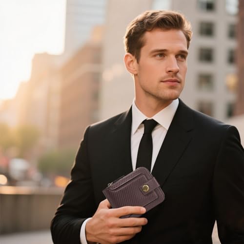 Image of Men Wallet, Vintage PU Leather Multi-Card Zipper Wallet with 8 Card Slots and Coin Pocket Large Capacity Buckle Credit Card Holder Wallet with Zipper (B, Dark Brown)