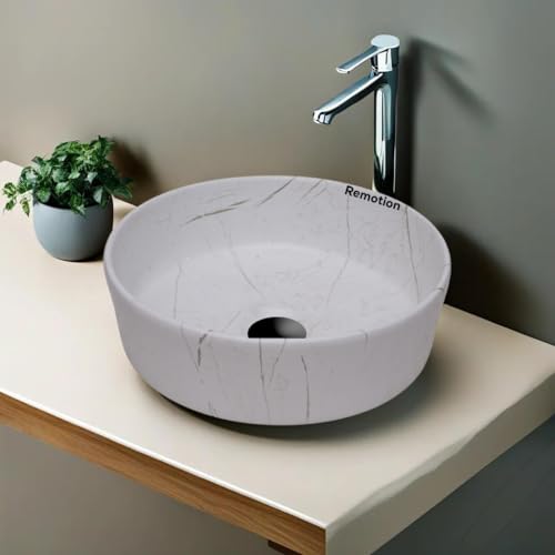 Image of REMOTION Round Countertop Wash Basin For Bathroom | Tabletop Ceramic Bathroom Sink | Wash Basin Over Counter | Wash Basin For Living Room, Resturent (12.5 x 12.5 x 5 Inch) (White Black Stripe)