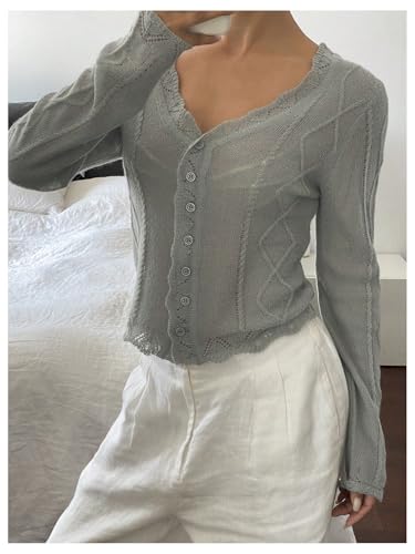 Women's Cardigans Lightweight Sheer Button Down Cardigan Trim Frills Sweaters V Neck Long Sleeve Shrug3