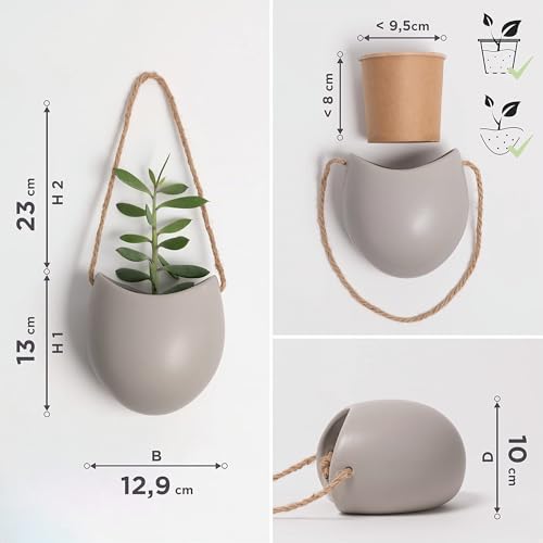 Miniatura 5 de Kazai. Macetas De Pared -Ellie- Macetas Colgantes De Cerámica 3 Piezas Decoración De Pared Para Interiores, Balcones Y Jardines Gris Claro Mate
