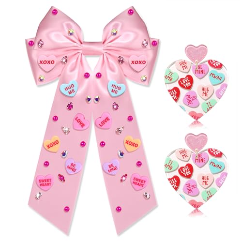 NLCAC Valentines Day Gifts Hair Bows for Girls Jeweled Crystal Candy Heart Hair Bows Clip Hair Accessories Conversation Earrings Jewelry Pink-Message Heart
