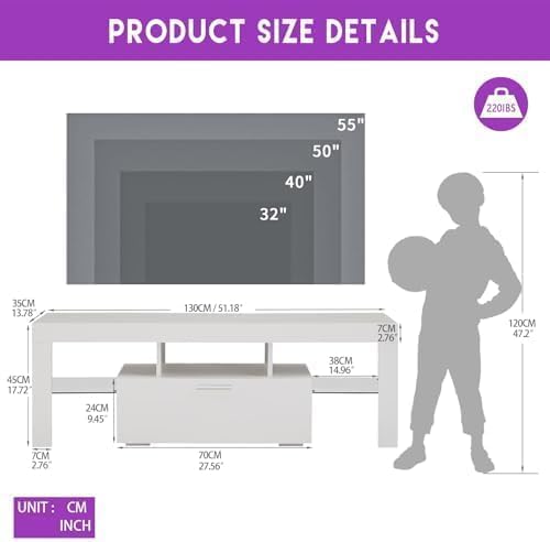 LED TV Stand for 32–55 Inch TVs – 51" Modern Entertainment Center with RGB Lights, Glass Shelves & Large Storage Cabinet, White Media Console for Living Room or Bedroom Setup - Image 2