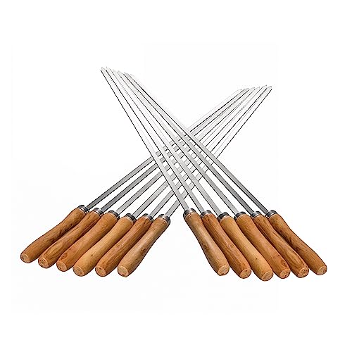 IMEEA 16.5in/42cm Flat Kebab Skewers Stainless Steel Barbecue Skewers with Wooden Handle Flat Metal BBQ Skewers for Grilling, Set of 12
