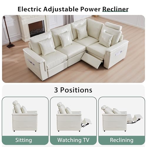 Image of RARZOE Faux Leather Sectional Sofa with Power Recliner, L Shaped PU Leather Reclining Couch with Headrest, 4 Seater Oversized Modular Reclining Couches for Living Room, Beige