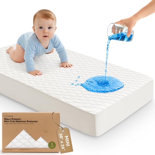 Image of 1-Pack Mini Waterproof Crib Mattress Protector - Quiet Pack and Play Mattress Pad Cover, 38 inch x 26 inch Mini Baby Crib Sheets, Soft Absorbent Quilted Cotton, Machine Washable, Easy Fit (Soft White)