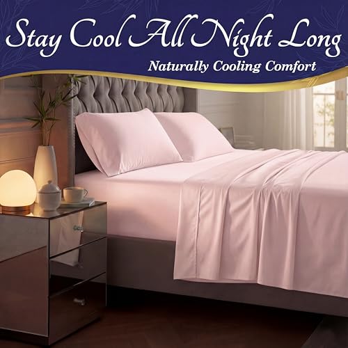 Image of DECOLURE 100% Viscose Derived from Bamboo Sheets California King Size - Luxury 4 Pc Naturally Cooling Sheets, Ultra Soft Bed Set - Deep 17 inch Pockets, Double Stitching, Oeko Tex Standard (Light Pink)