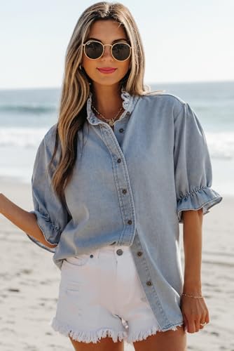 SELINK Women's Tunic Tops Elegant Ruffle Short Puff Sleeve Summer Chambray Shirt Short Sleeve Round Neck Solid T Shirts2