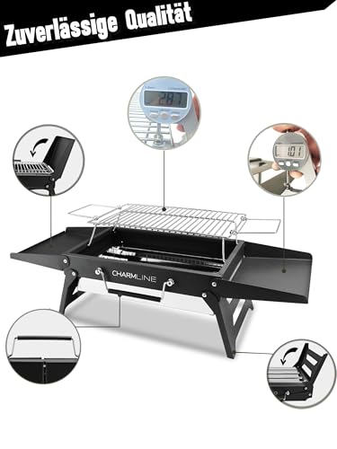 Charmline 34x23cm Foldable Portable Holzkohlegrill, Kleiner Campinggrill Holzkohle, Picknickgrill Grill, BBQ Grill für Outdoor, Geeignet für Gärten, Strände, Rasenflächen und Tischplatten, Schwarz