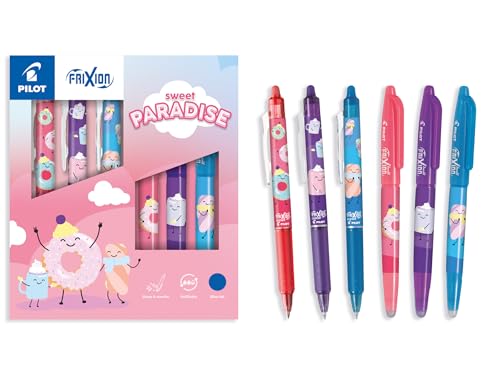 PILOT - Coffret de 3 FriXion Ball + 3 FriXion Ball Clicker - Stylos Effaçables - Édition Limitée Sweet Paradise - Rollers Rechargeables - Corps Turquoise, Corail, Violet - Encre Bleue - Pointe Moyenne