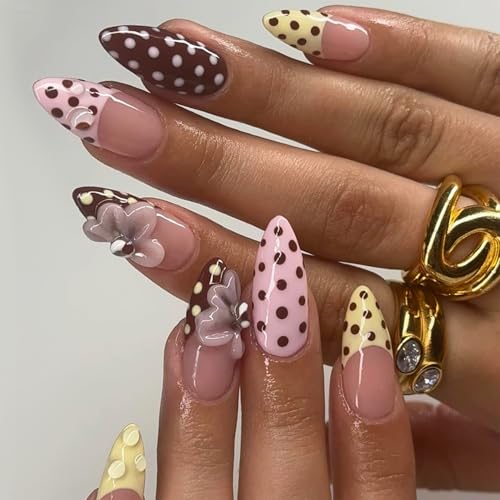 Brown Polka Dot Press on Nails Medium False Nails Almond Fake Nai...