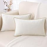 decorUhome Chenille Soft Throw Pillow Covers 12x20 Set of 2, Lumbar Velvet Farmhouse Neutral Decorative Euro Pillow Covers with Stitched Edge for Couch Sofa Bed Home Decor, Cream White