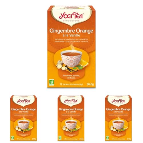 YOGI TEA Gingembre Orange à la Vanille Bio – Infusion Sans Caféine – Gingembre Piquant, Zestes d’Orange & Vanille Gourmande – Saveur Agrumes Épicée – 17 Sachets d’Infusion Bio (Lot de 4)