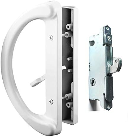 Patio Door Handle Set + Mortise Lock 45° Perfect Replacement for Sliding Glass Door Fits 3-15/16” Screw Hole Spacing, Non-keyed with Latch Locks,White Diecast,Reversible Design(Non-Handed)