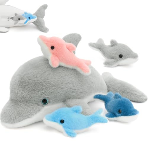 Tezituor Grey Dolphin Stuffed Animal with 4 Babies, 20.5" Large Realistic Dolphin Plush Toy, Soft Ocean Animal Plush for Kids, Christmas Birthday Gifts for Boys Girls