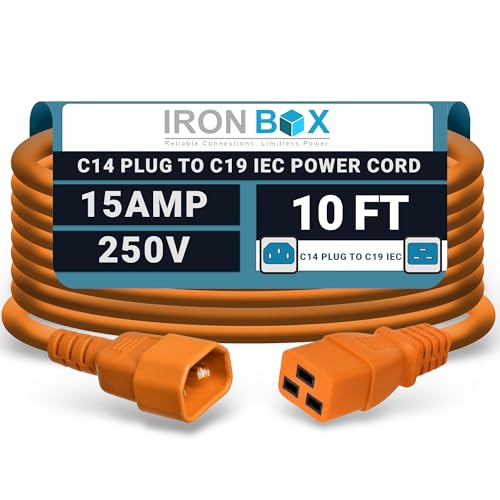 Image of IronBox Electric - Heavy-Duty C14 to C19 Power Cord, 15A, 250V, 14 /3 SJT - IEC60320 PC Cable for Computer Extensions, Monitor, PSU - C14 Male to C19 Female Connector Power Cable - (Orange 10 Foot)