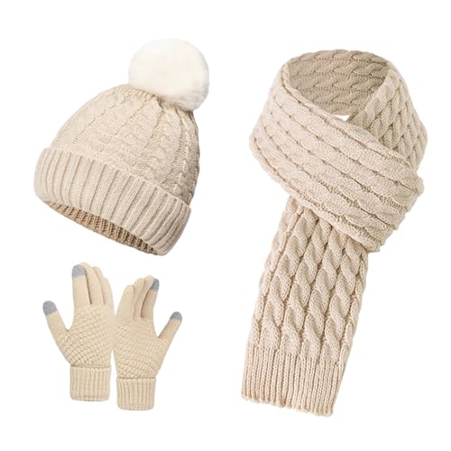 MUNSKT Conjunto de gorro, bufanda y guantes para mujer, gorro de invierno 3 en 1, guantes para pantalla táctil, bufanda para mujer, calentador de cuello, conjunto para clima frío con pompón y forro