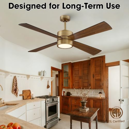 Vaczon 52-Inch Natural Brass Ceiling Fan with Light and Remote, Medieval Modern Ceiling Fan for Vintage Home Decor, Vintage Walnut Plywood Blades, Reversible, 6-Speed, Quiet, 3000K Warm Light — view 6