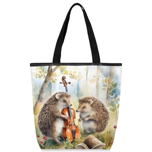 Mularoka Watercolor Hedgehogs Guitar Canvas Tote Bag with Zipper and Pockets Canvas Tote Shopping Bag Women Reusable Grocery Bag for Beach Travel Gym Shopping