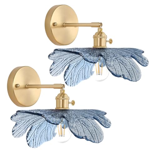 Image of 2-Light Bathroom Vanity Light Over Mirror Vintage Gold Brass Wall Sconce Light Blue Flower Glass Shade Adjustable Mid Century Modern Vanity Light Fixtures for Bedside Bedroom Doorway