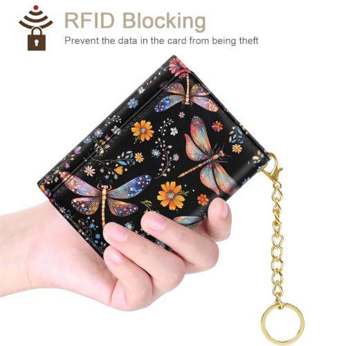 Image of Dragonfly Small Wallet Women, RFID Blocking Trifold Wallet, Cute Credit Card Holder with Kaychain, Credit Card Wallets, Vegan Leather, 7 Card Slots, ID Window, Wallets for Women Ladies Girls