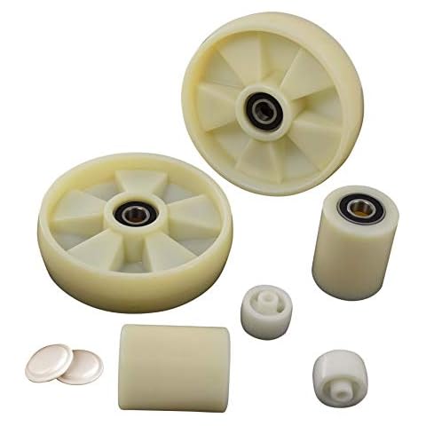 Pallet Jack/Truck Wheels Set (8 pcs) Steer Wheels 7.5" x 2" and Load Wheels 3"x3.75" with Bearings ID 20mm Nylon and Entry/Exit Rollers and Protective Caps Cover