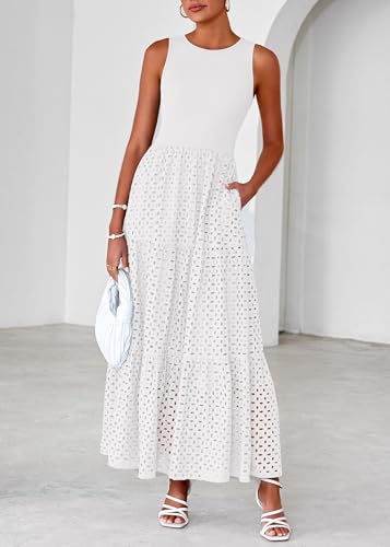 Lazysmile Womens Summer Dresses Crewneck Sleeveless A-Line Hollow Out Eyelet Tiered Tank Maxi Dress Sundress with Pockets White — view 3