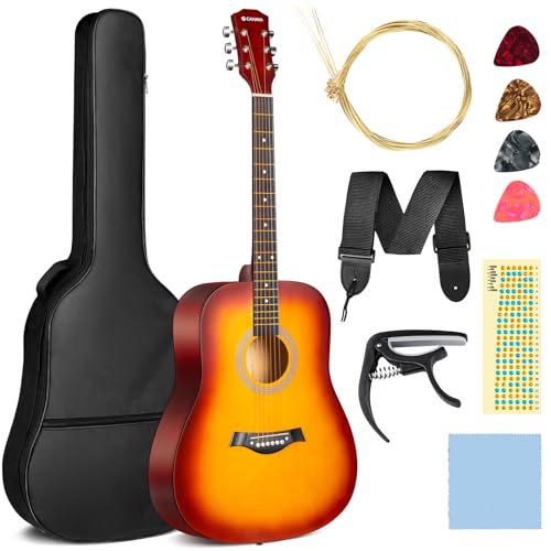 CAHAYA 41 Zoll Akustikgitarre Lindenholz: Akustikgitarren Set für Anfänger Kinder und Erwachsene kommt mit Tragetasche Ersatzsaiten Kapodaster Plektren Skalenaufklebern Gelb CY0355