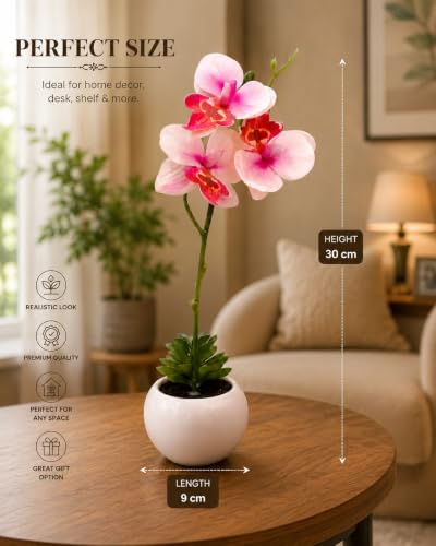 Image of LE'SIJA DECORATIONS Artificial Orchid Plant, 35cm Pink Silk Flowers Real Touch Latex Petals, 4 Bloom Heads in White Plastic Pot for Home, Wedding, Office, Tabletop Decor (Orange)
