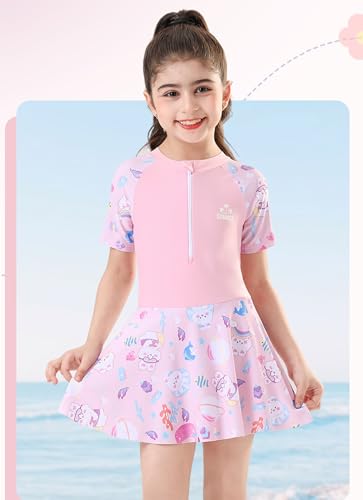 Image of Girls Swimsuit Girls One Piece Skirted Swimsuit Short Sleeve Floral Rash Guard Bathing Suit Swim Dress Swimwear