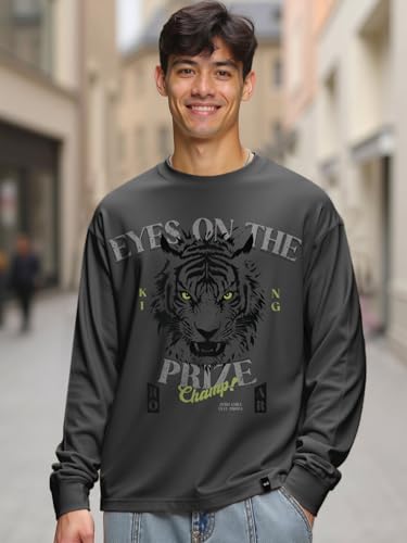 Image of Bewakoof Men's 100% Cotton Graphic Print Oversized Fit Full Sleeve Round Neck T-Shirt | Casual Wear | Street Wear | Oversized t Shirt for Men Cotton | Baggy