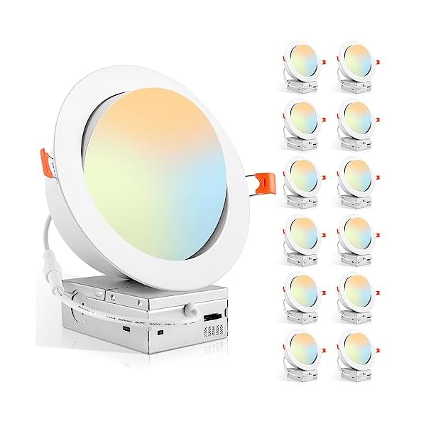 LEDIARY 12 Pack Gimbal LED Recessed Lighting 6 Inch, 5CCT Adjustable Recessed Light Slim Selectable 2700K-6000K,750LM Air Tight Canlights with Jbox,Canless Downlight Ceiling Light with IC Rated ETL